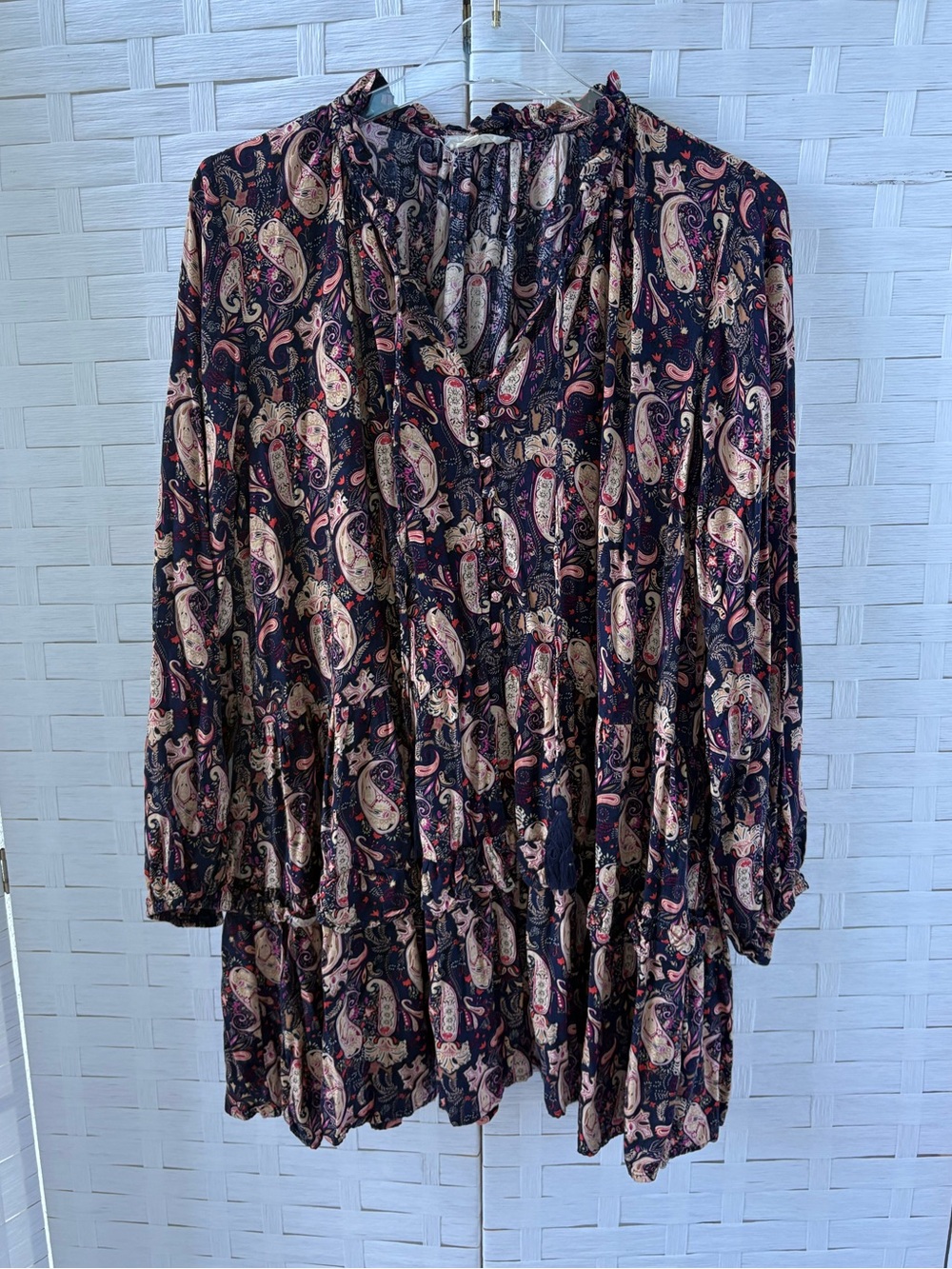 easel Navy Paisley Long-Sleeve Dress V Neck Tie Ruffle Fall Boho Babydoll Flowy